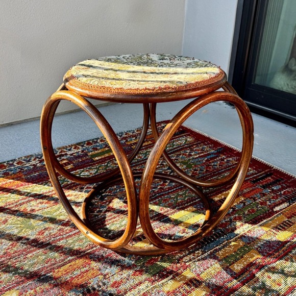 Vtg Thonet Style Bentwood Stool Upholstery Seat Grandmillennial Boho MCM Ottoman - Picture 2 of 11